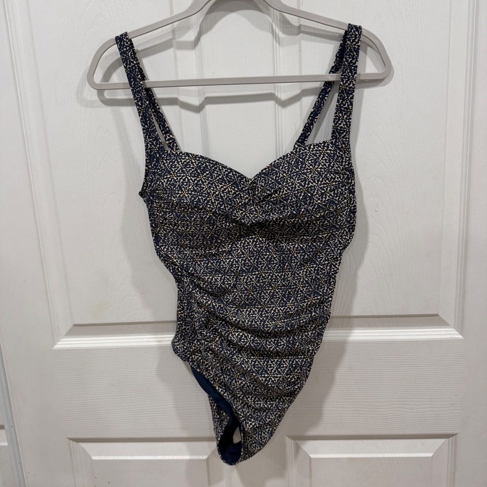 Bond-Eye Australia Navy Geometric Ruched Underwire One Piece Swimsuit D/DD US 8